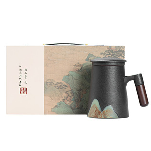 日式陶瓷茶杯办公杯茶水分离马克杯子木柄水杯泡茶杯带盖定制礼物