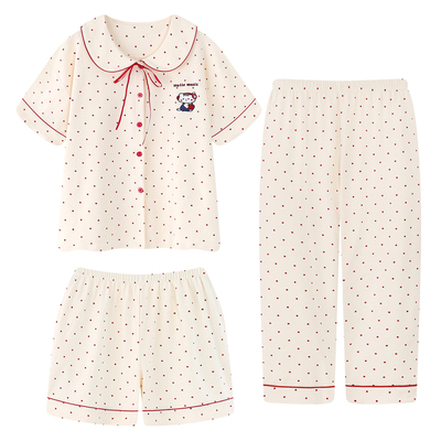 2026新款卡通三件套睡衣女夏季纯棉短袖外穿全棉面料100棉家居服