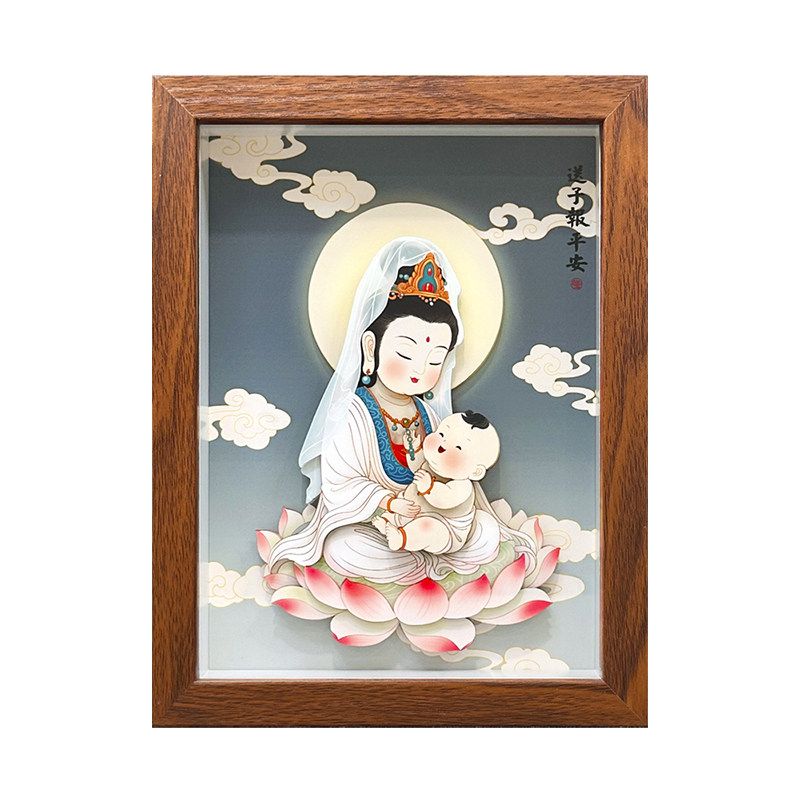 送子娘娘3D立体画像摆件家用供奉求子观音装饰画碧霞元君神像挂画