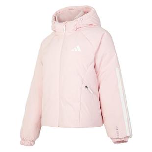 阿迪达斯粉色短款羽绒服女2025冬季保暖套装时尚外套束脚加绒长裤