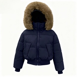 藏青色设计感连帽毛领羽绒棉服女冬季收腰加厚保暖短款面包服外套