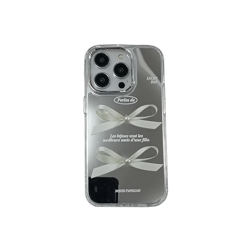 立体珍珠蝴蝶结镜面适用苹果14手机壳ins小众IPhone15ProMax新款13pro防摔16pro硅胶11女款12简约网红全包软