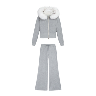 pusumede 暖冬格调 环保皮草毛领短款卫衣外套女舒适加绒休闲长裤