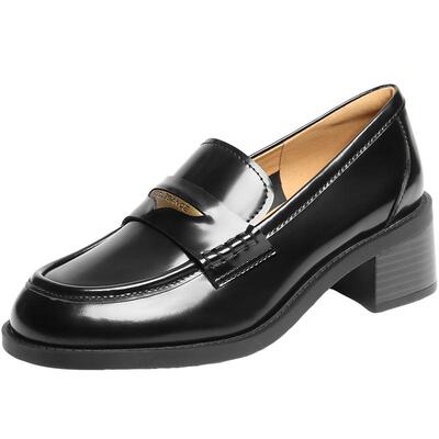 百丽海鸥粗高跟乐福鞋女新款黑色小皮鞋深口单鞋子3PAF2CA5