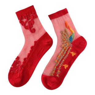 新年红丝袜女薄款纯棉底水晶丝生肖本命年结婚龙年春节大红袜子