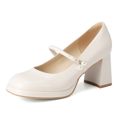 玛丽珍鞋粗跟白色婚纱伴娘小皮鞋
