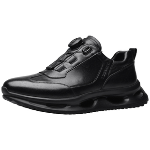 宾度男鞋秋冬季男士商务休闲皮鞋男真皮旋钮轻便增高时尚运动皮鞋