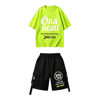 街舞儿童服装嘻哈潮服绿色短袖男童表演服套装hiphop女童酷帅潮装