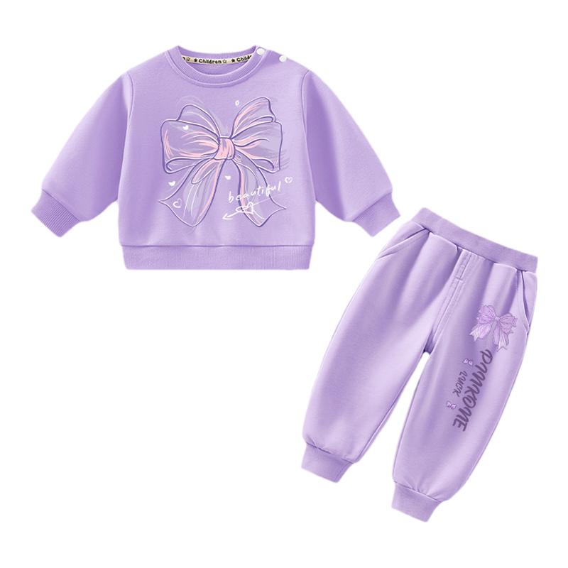 拉夏贝尔女童卫衣套装春秋2024新款宝宝紫色春装运动装婴幼儿童装