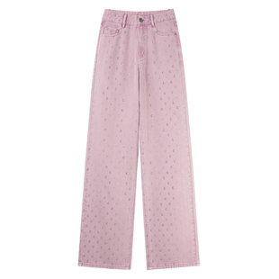 可可尼COCOON2025新款100%纯棉高级烫钻粉色宽松高腰牛仔阔腿裤女