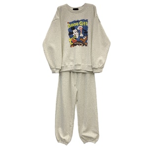 小个子慵懒穿搭套装圆领卡通减龄卫衣高腰抽绳哈伦裤加绒两件套女