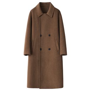 秋冬韩版落肩长款双面绵羊毛大衣男翻领宽松过膝羊毛呢子风衣外套