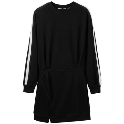 U/TI黑色拼条运动感连衣裙女百搭简约收腰卫衣裙尤缇2024秋季新款