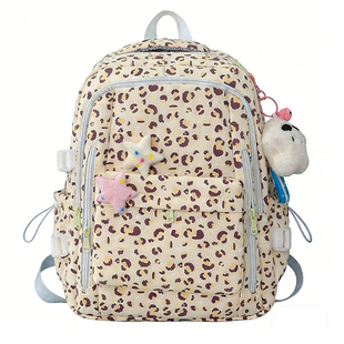 可爱豹纹书包日系ins可爱小众多层大容量双肩包学生校园减负背包
