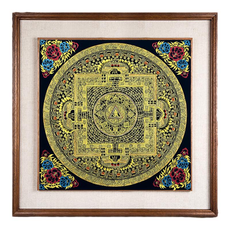 八吉祥坛城手绘唐卡实木挂画 尼泊尔进口 矿物颜料画心坛城装饰画