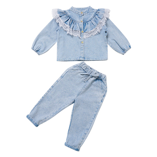 女童牛仔套装春装洋气花边领儿童外套春秋时尚女孩宝宝衣服两件套