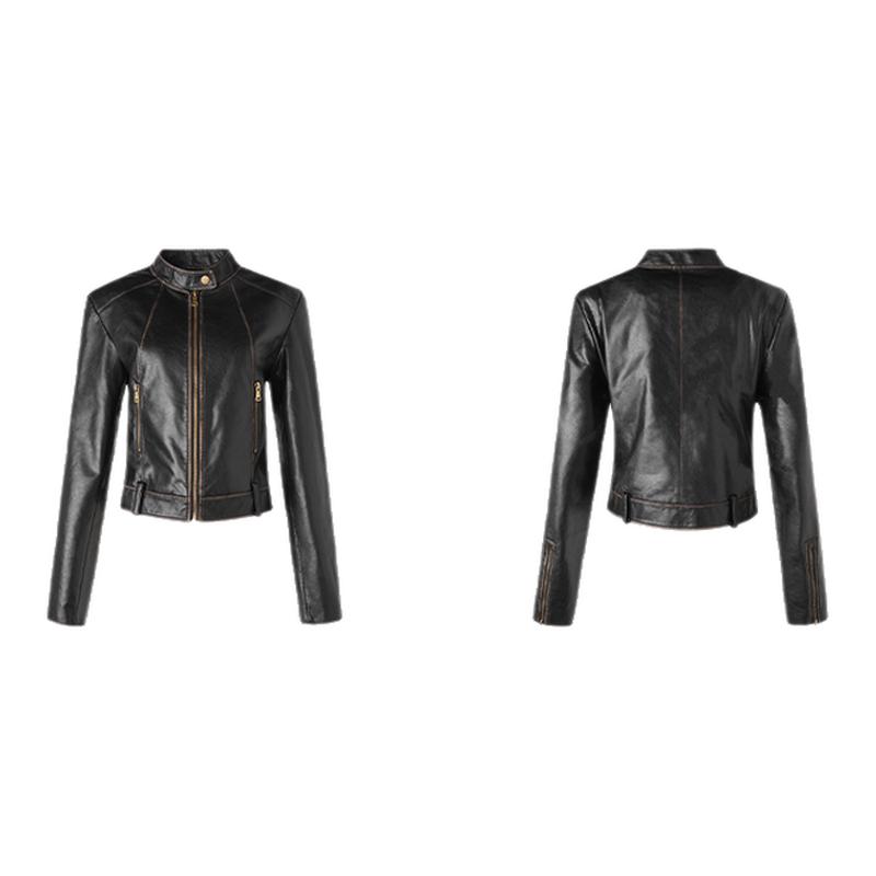 ourhour 复古做旧 棕色修身短款拉链皮衣外套 女秋设计感机车夹克