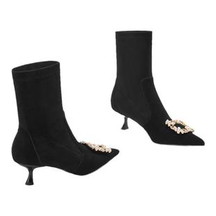 星期六法式尖头细高跟小短靴女2025秋冬新款水钻方扣弹力瘦瘦袜靴