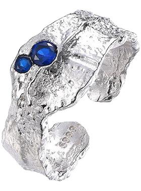 嘻哈加冕s925银戒指小众设计冷淡高级感锡纸纹理异形锆石开口戒指