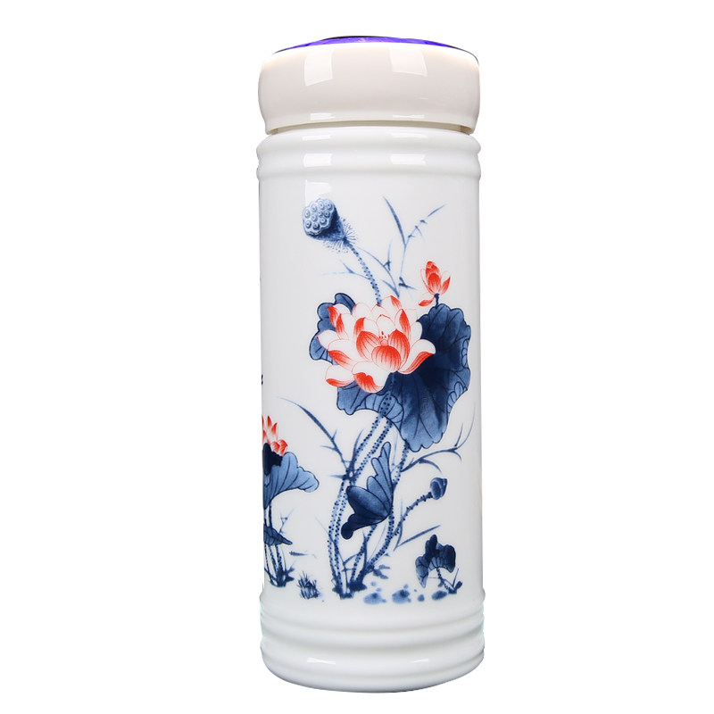 定制景德镇陶瓷杯保温杯男女士双层水杯茶杯带盖青花瓷杯陶瓷内胆