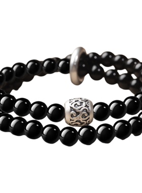 天然黑曜石双圈999纯银转运手串