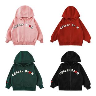 幼悠女童萌趣伙伴胶浆印花卫衣春秋元气可爱樱桃刺绣休闲连帽外套