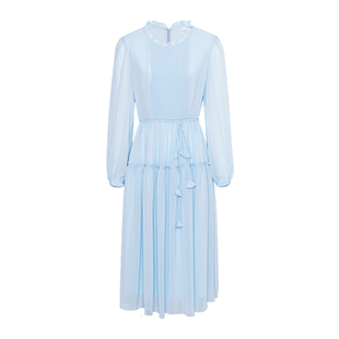 JESSIE雅致木耳边领系带中长款蛋糕连衣裙女秋装新款收腰裙子