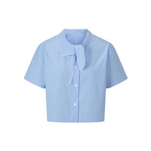 HERLIAN 夏季蓝色系带格纹衬衫领口系带蝴蝶结设计短版短袖上衣