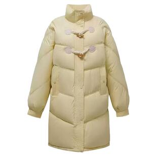 奶黄90白鸭绒中长款羽绒服女2025秋冬季新款牛角扣立领保暖外套潮