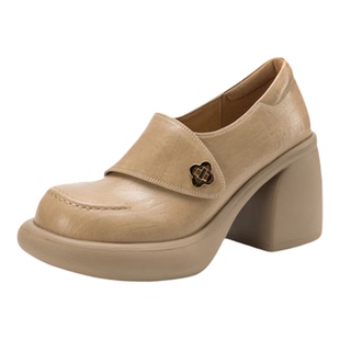 8cm真皮粗跟圆头杏色小皮鞋女高跟防水台山茶花厚底懒人显瘦单鞋