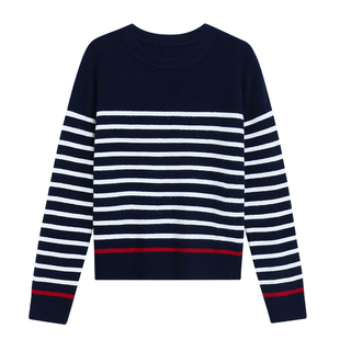 Maven Lin RL风老钱 1OO羊毛经典条纹毛衣女奢雅气质长袖针织衫