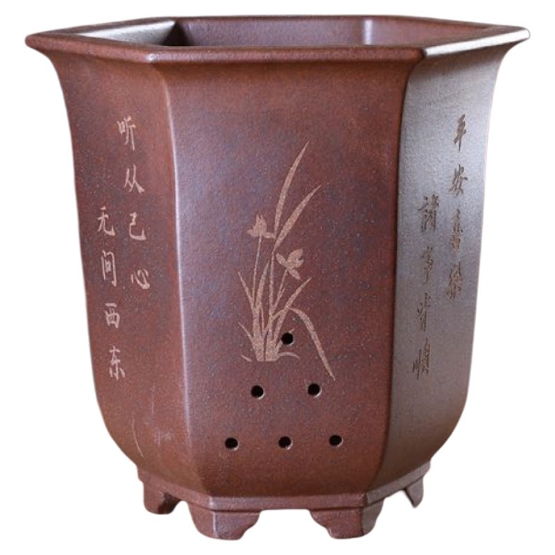 宜兴紫砂花盆 绿植室内桌面园艺 收底高六方 兰花盆 刻绘中式复古