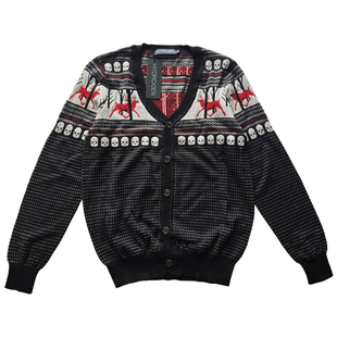 HYDROGEN复古男女同款毛衣针织开衫男V领骷髅头提花毛衣保暖修身