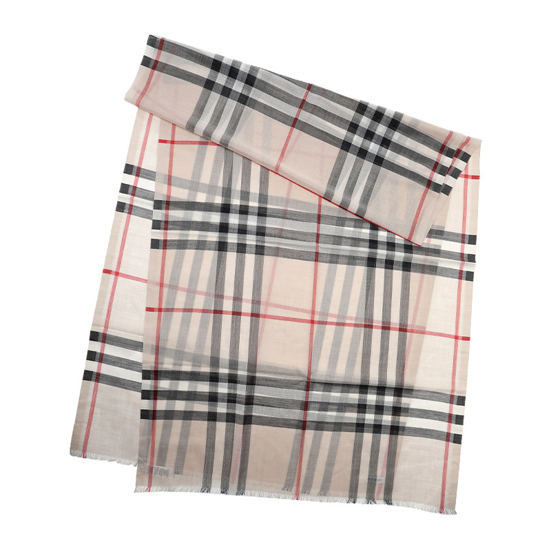 【自营】BURBERRY/博柏利女士羊毛桑蚕丝格纹图案须边长围巾披肩