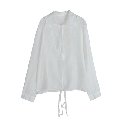 法式纽扣长袖白色交叉绑带衬衫