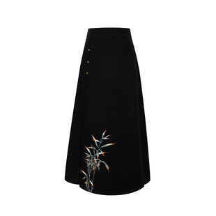 谦时织造司新中式两件套改良唐圆领袍苏绣竹叶西装外套a字半身裙