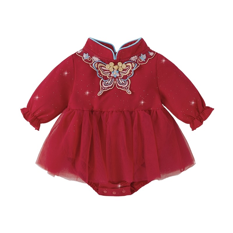 [7A抗菌]衣服婴儿女幼童拜年服礼盒装长袖爬服哈衣宝宝红色连体衣
