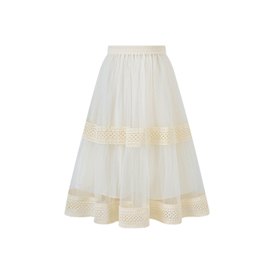 Little Naive女童拼接半身裙春季新款花边半裙儿童百搭时髦纱裙