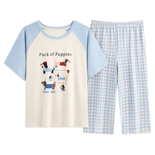 夏季短袖格子睡衣套装自带胸垫一体七分裤女家居服大码防凸点卡通