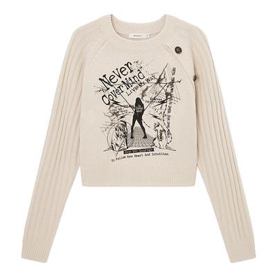 MOUSSY2025早秋新品暗黑哥特图案短款针织衫毛衣女028IAZ70-1019