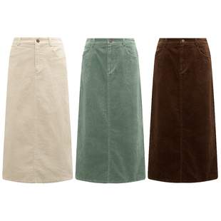 Petit Bari灯芯绒A字开衩中长款半身裙 直筒复古高腰显瘦垂感