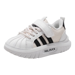 小黄鸭男童白色运动鞋2026新款冬季加绒保暖儿童鞋子休闲加厚棉鞋