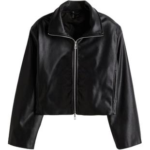 HM女装短外套冬季宽松立领拉链涂层机车风外套1248037