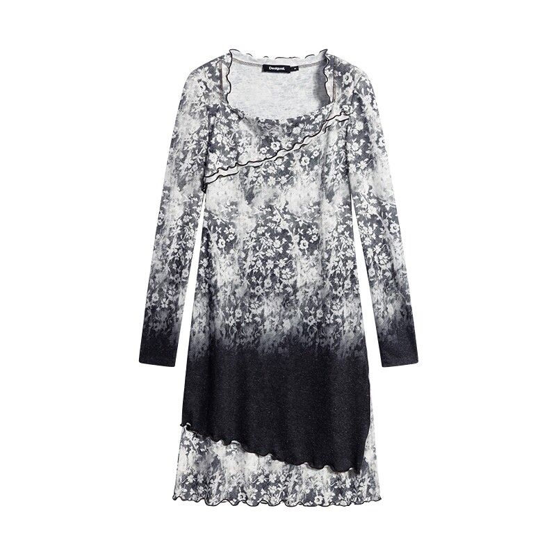 Desigual26秋冬新品渐变碎花印花方领开叉连衣裙
