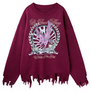 BJHG不计后果马年毛衣男款冬氛围感复古红色针织情侣装新年毛衣女