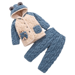 儿童睡衣冬款加厚夹棉男女童宝宝法兰绒加绒棉袄珊瑚绒家居服套装