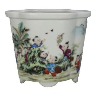 仿古瓷器粉彩婴戏图小花钵多肉花盆景德镇瓷器仿古摆件古玩收藏品