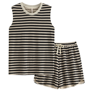 悦内睡衣女士夏季纯棉背心无袖短裤家居服夏款夏天条纹休闲可外穿