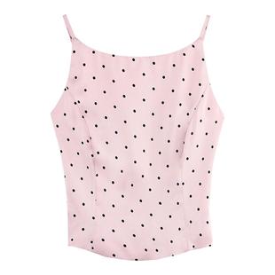 MULVAN 波点吊带女修身无袖上衣高腰a字缎面半身裙气质套装夏