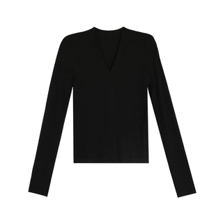 NEVA HU黑色长袖t恤女春新款修身显瘦百搭内搭纯色v领打底衫上衣